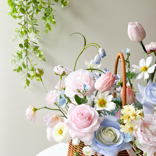 7日で届く！】完成品ブーケ ピンクブルー バスケットブーケ