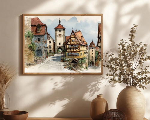 ドイツの中世の街ローテンブルク・オプ・デア・タウバー 水彩画アート