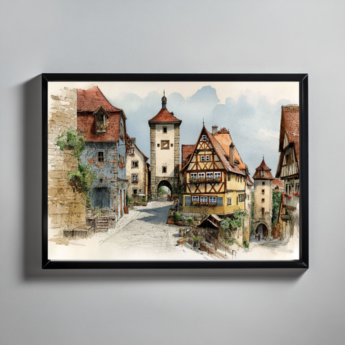 ドイツの中世の街ローテンブルク・オプ・デア・タウバー 水彩画アート