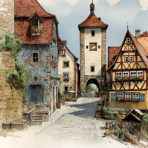 ドイツの中世の街ローテンブルク・オプ・デア・タウバー 水彩画アート