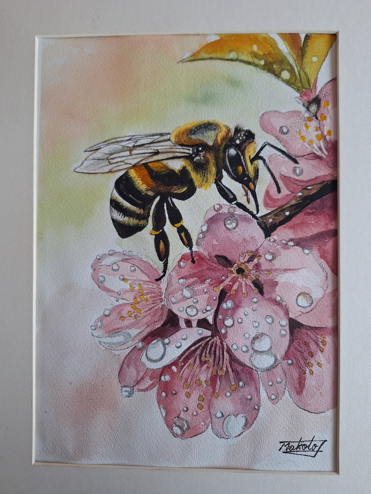 クレパス画 原画 蜜蜂 昆虫 花 蜂 画家 丸蜂 熊蜂 縁起物 アート 絵画