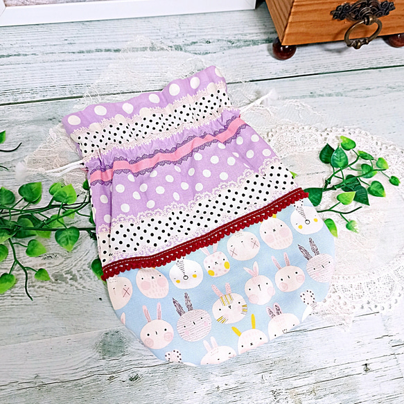 パッチワーク うさぎちゃん＆ドット生地 まん丸巾着♡ 7枚目の画像