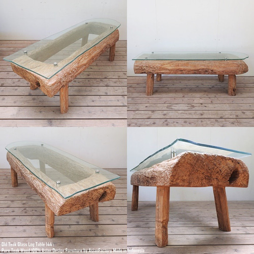 木製ガラストップセンターテーブル　ビンテージテーブル　チーク材　北欧家具 希少 一点物 迫力の オールドチーク ガラステーブル 144cm × 47cm