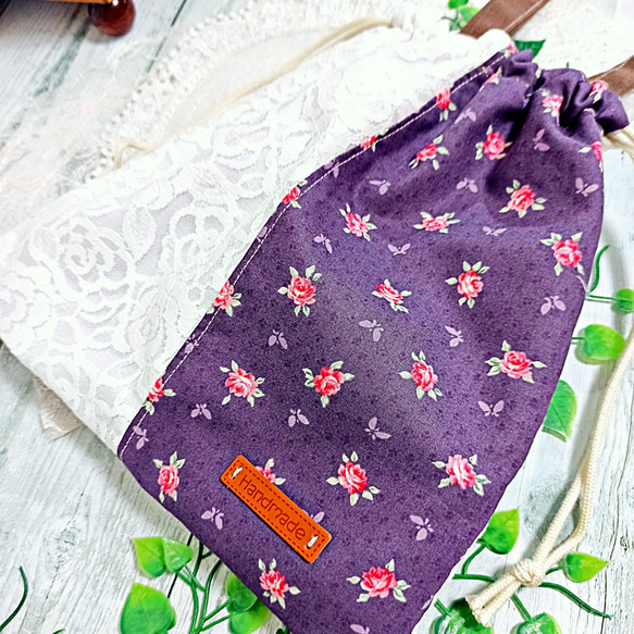 巾着バッグ 手提げバッグ ローズ＆レース パッチワーク♡ 9枚目の画像