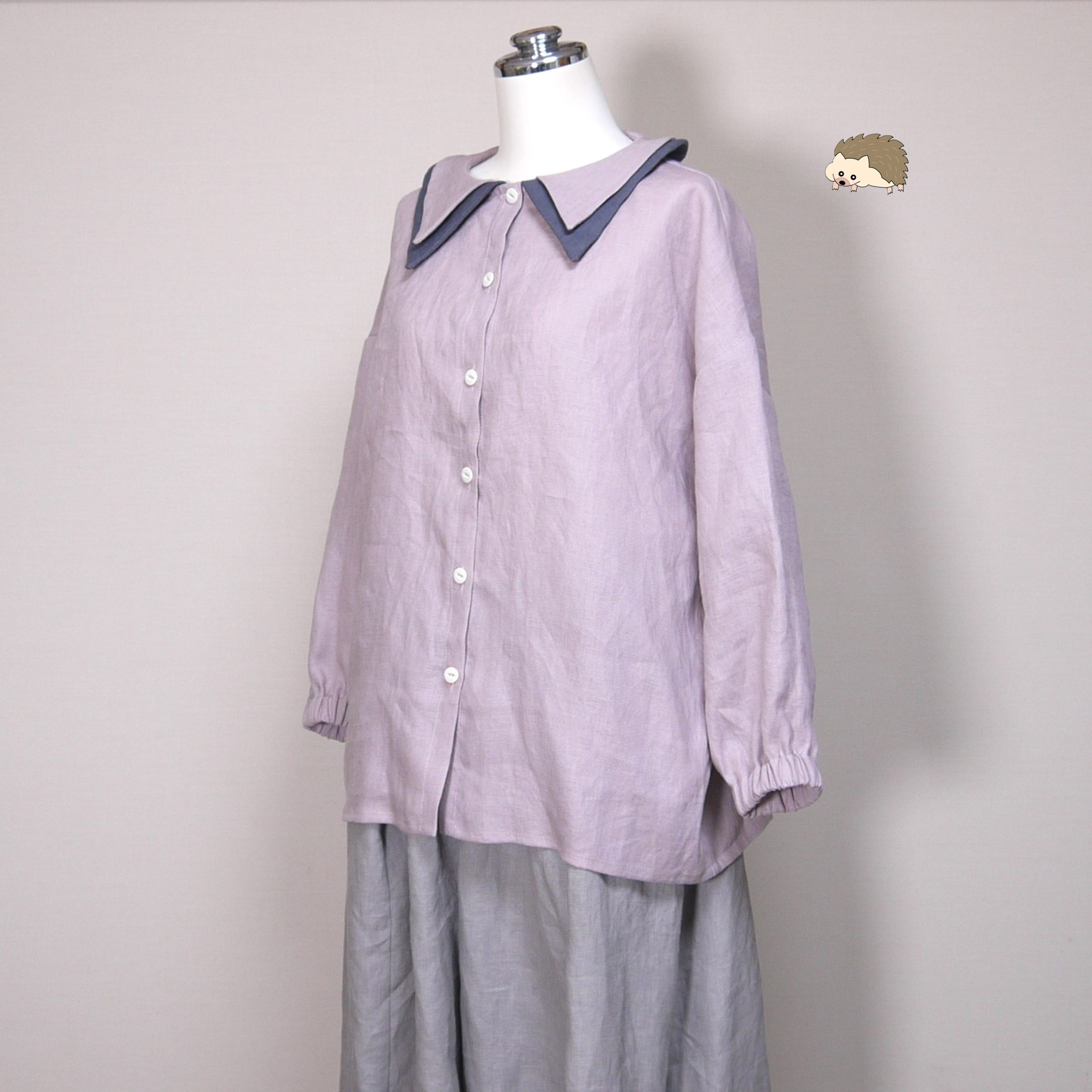 カラーリネン◆Wカラーブラウス　八分袖◆オールドモーブ（下衿：ブルーグレー）◆M・L（中厚、リネン100％）