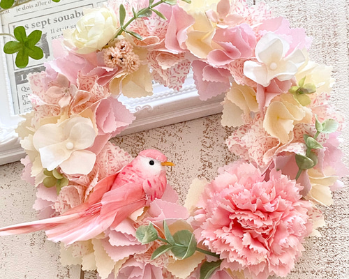 母の日にも♪】小鳥とお花の布リース〜カーネーションと紫陽花と鳥さん