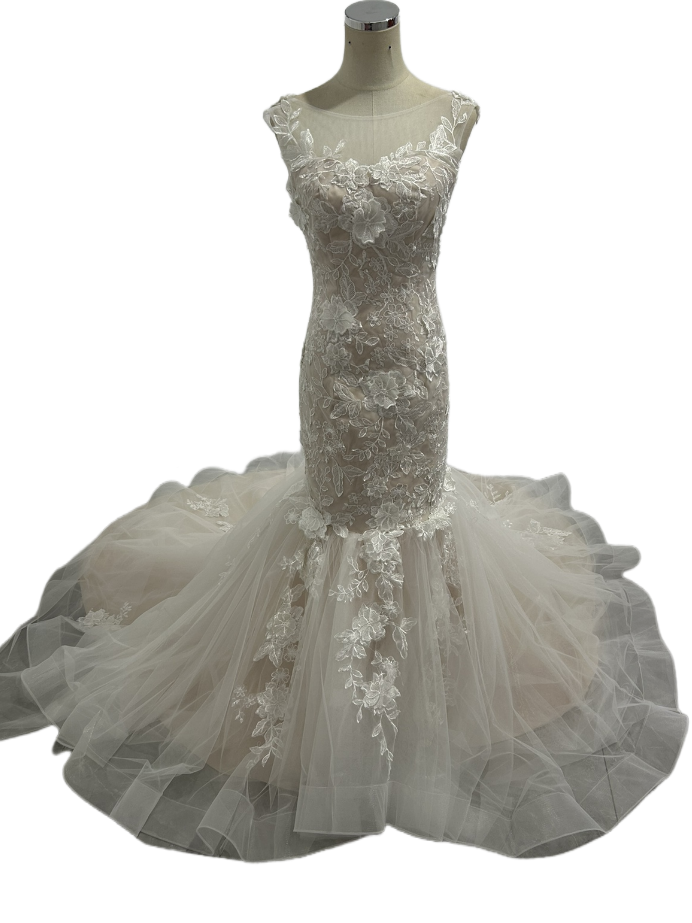 ウェディングドレス マーメイドライン ノースリーブ　3D立体レース刺繍 チュールスカート 披露宴/結婚式