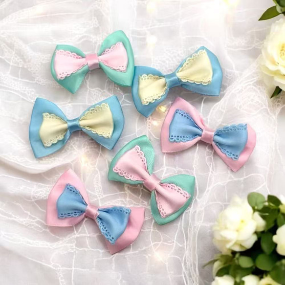 リボン サテン ダブル パーツ パステル 同色2個 ヘアアクセサリー 服飾