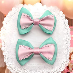 リボン サテン ダブル パーツ パステル 同色2個 ヘアアクセサリー 服飾 貼り付け ハンドメイド pt-2785 6枚目の画像