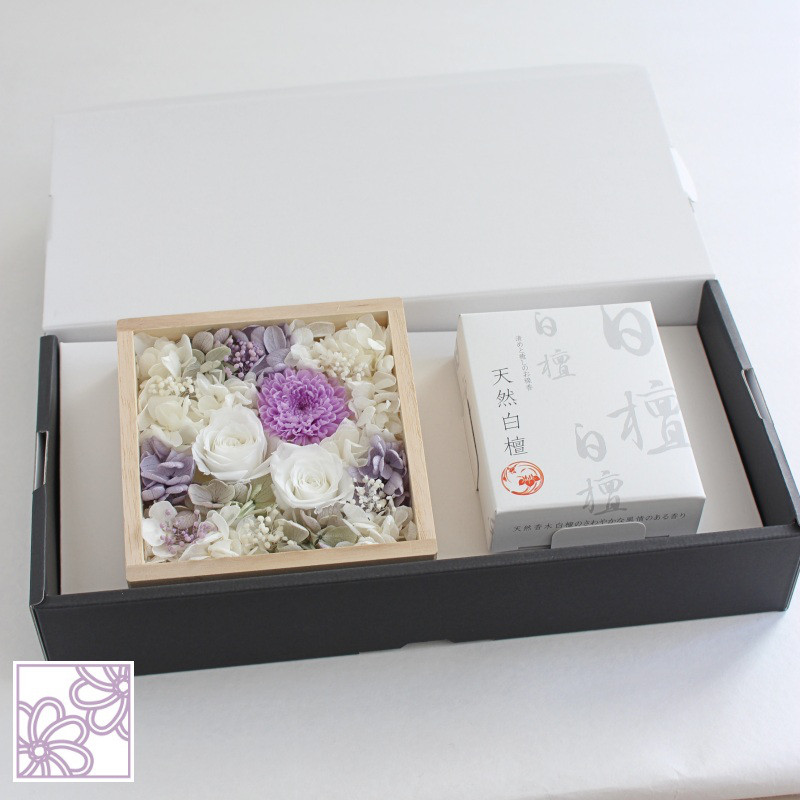 四十九日までのおくりものにおすすめ　仏花とお線香のセット”ノワールRIN”【黒箱入り】