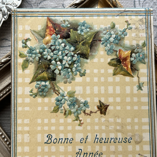 フランスアンティークカード 勿忘草とアイビー エンボス加工 Boone