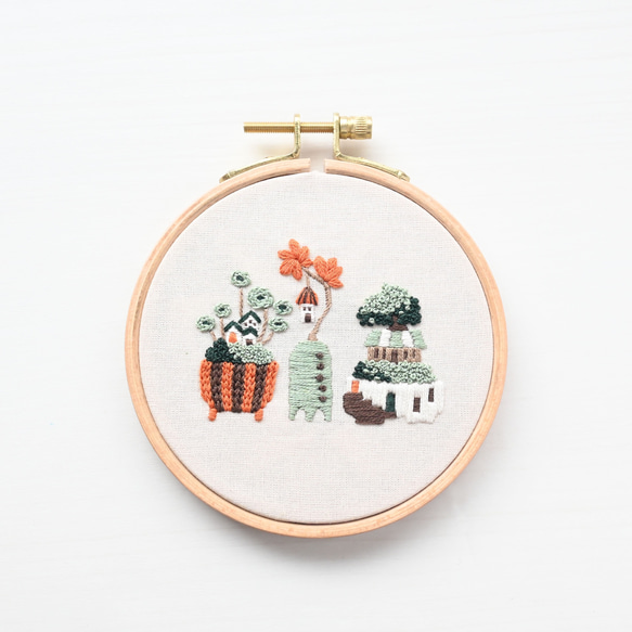 【新作】刺繍キット 緑の文明より「盆栽街植物」《空想街雑貨店》 2枚目の画像
