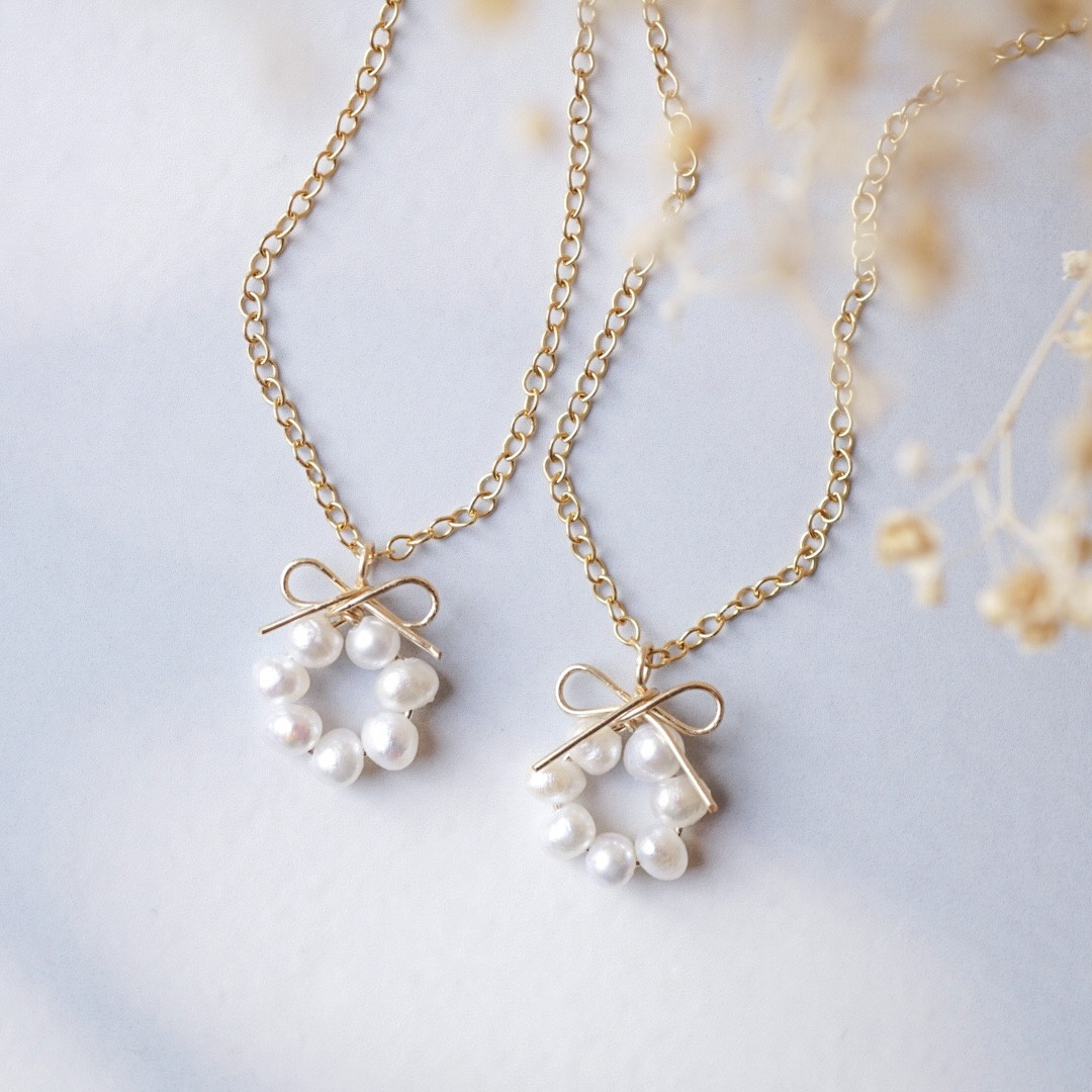 「かすみ草の花結」ネックレス 淡水パール リボン 天然石 誕生石 フォーマル 14kgf アレルギー対応 春 入学式