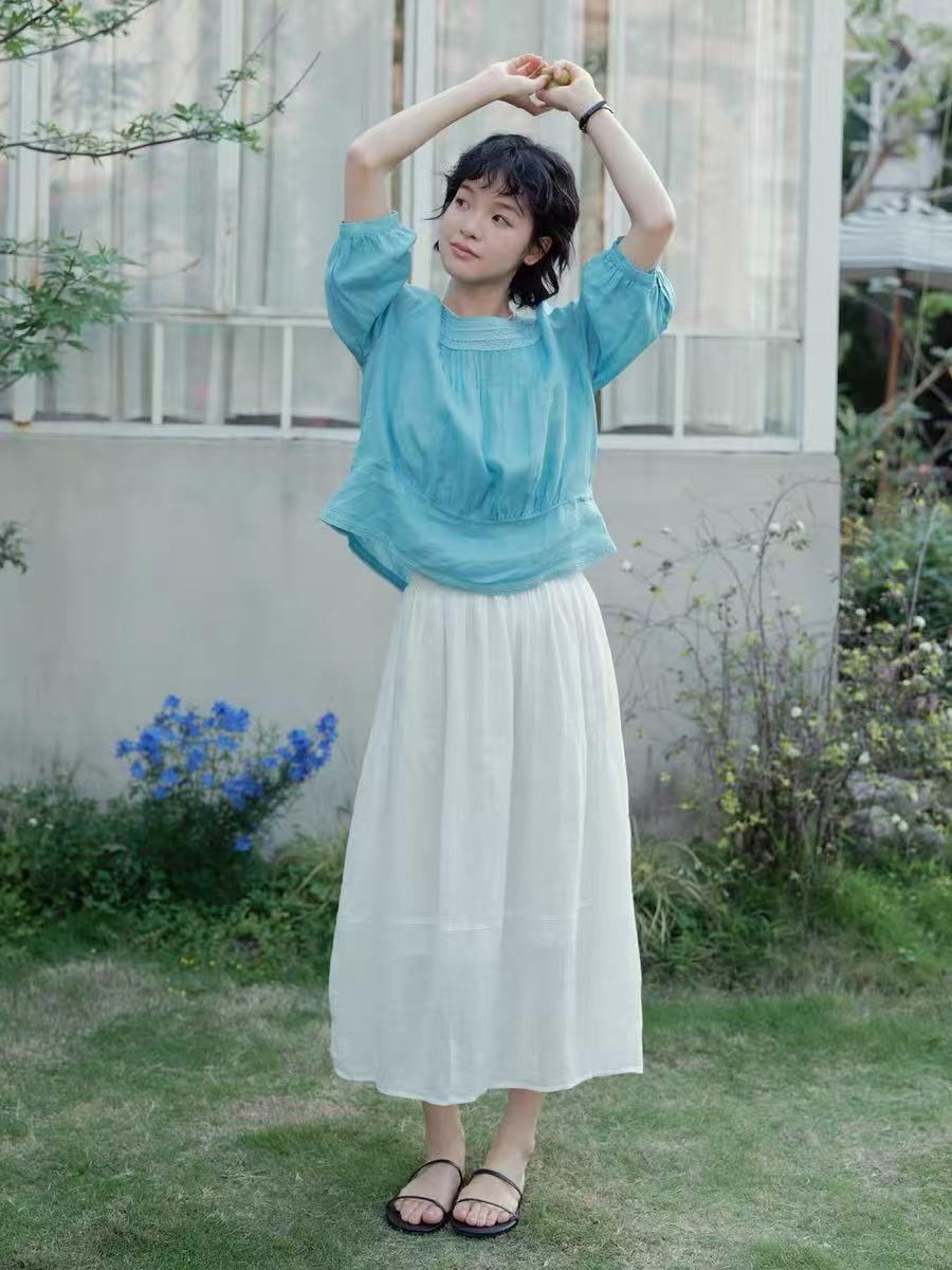 バルーン型スカート　ロングスカート　麻１００％　夏向きスカート　裏地付き