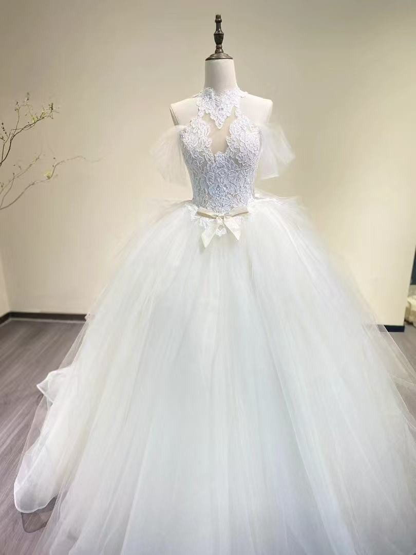 送料無料！ウェディングドレス ホルターネック フレアスカート オフショルダー プリンセスライン 結婚式