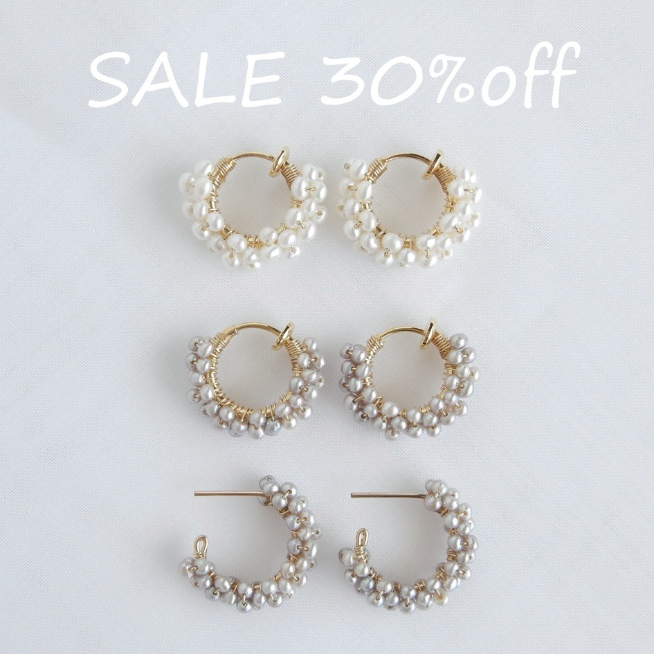 〖旧作特価〗淡水パールフープピアス/イヤリング（ホワイト/グレー）14kgf