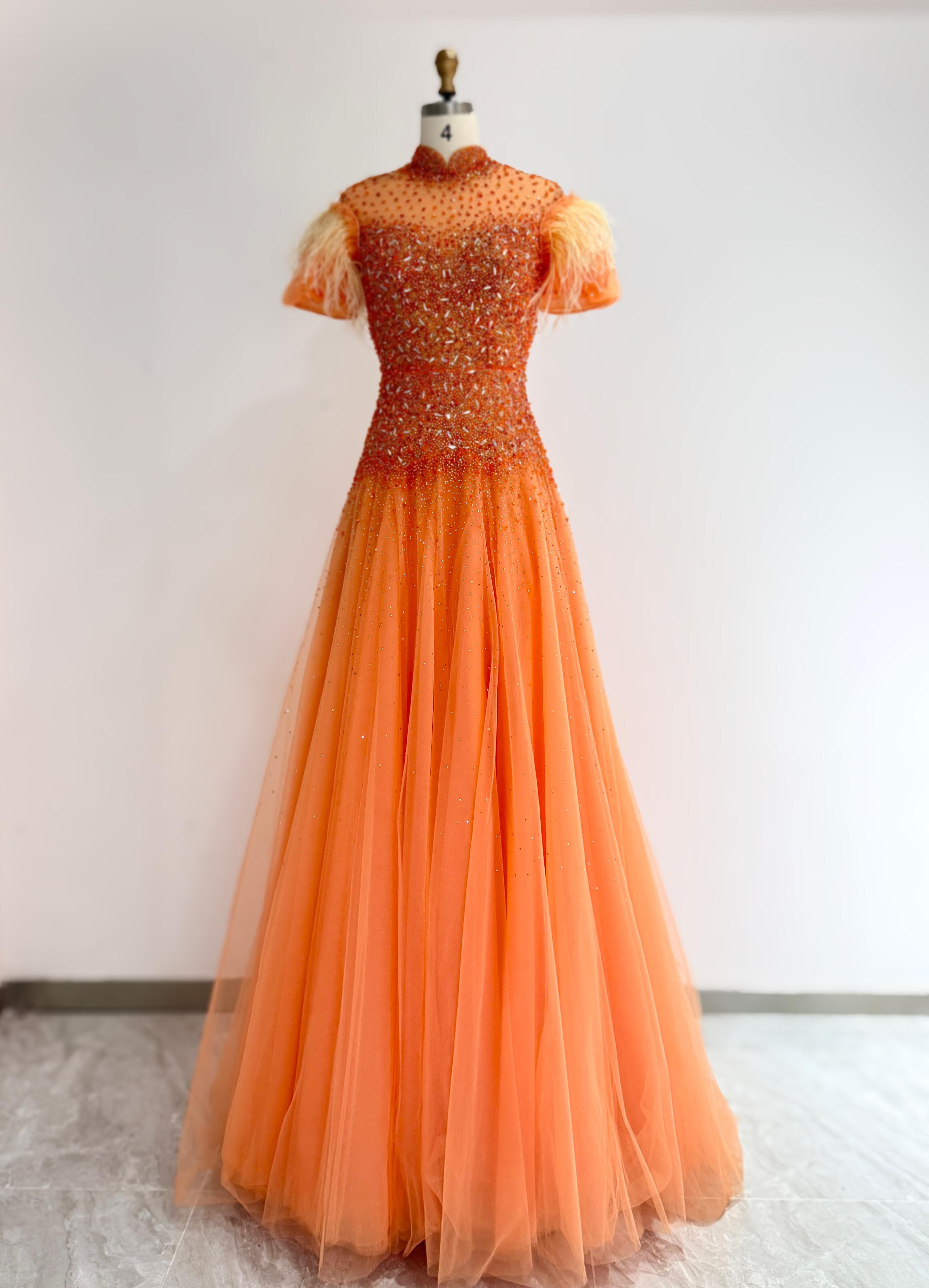 素敵　オレンジ色　イリュージョンネック　カラードレス　ビーズ　キラキラ　半袖　重ねるチュール　演奏会音楽会ステージ衣装