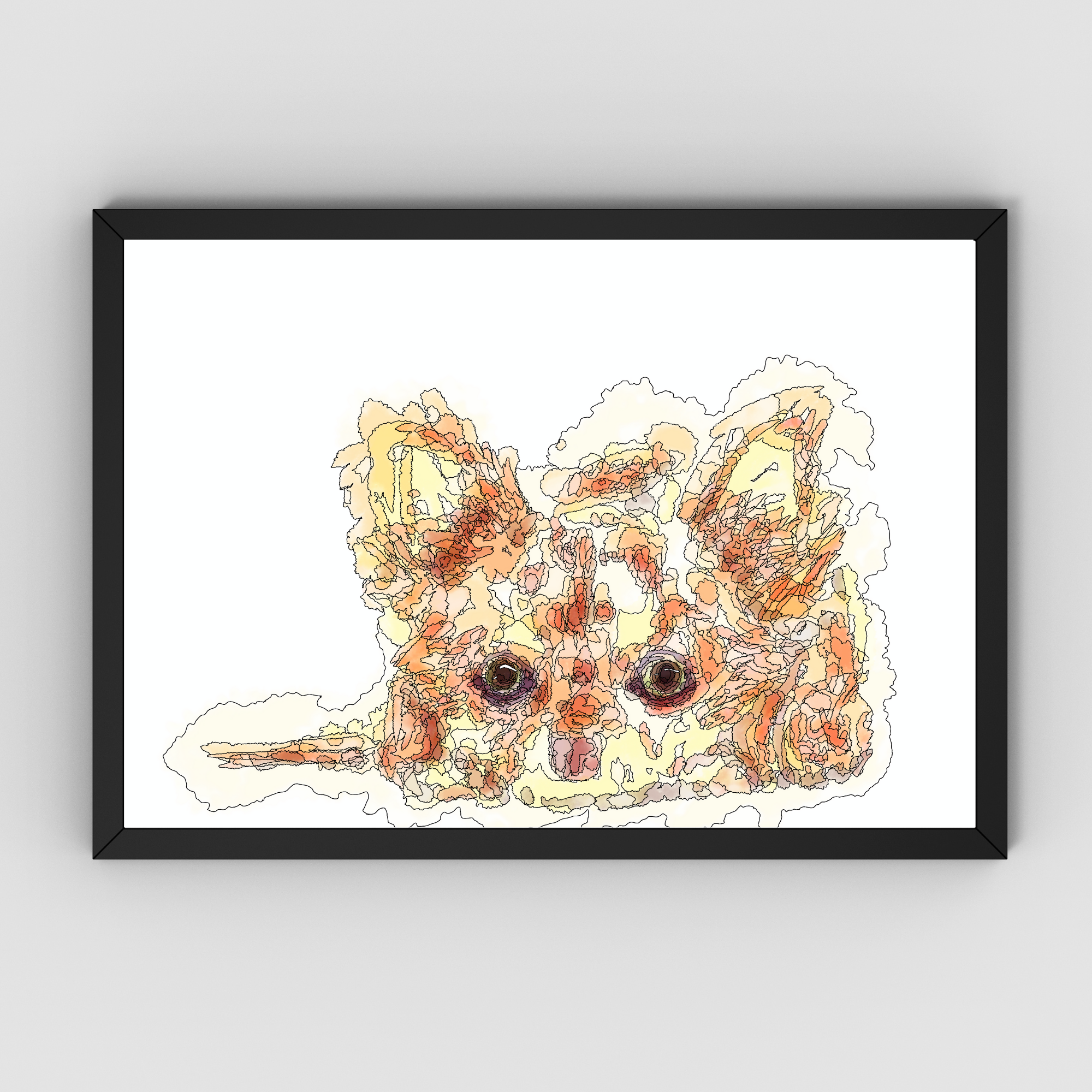 じっと待つチワワ】犬の抽象画｜ペンと水彩のアート｜動物