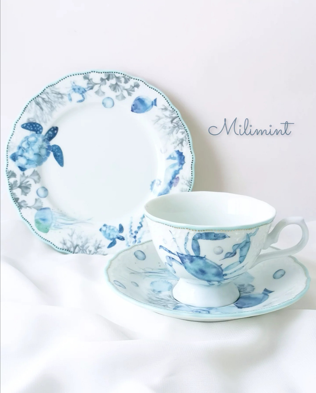 【受注制作】海の中ティーセット(カップ＆ソーサー1点、16.6cmプレート1点)　珈琲　紅茶