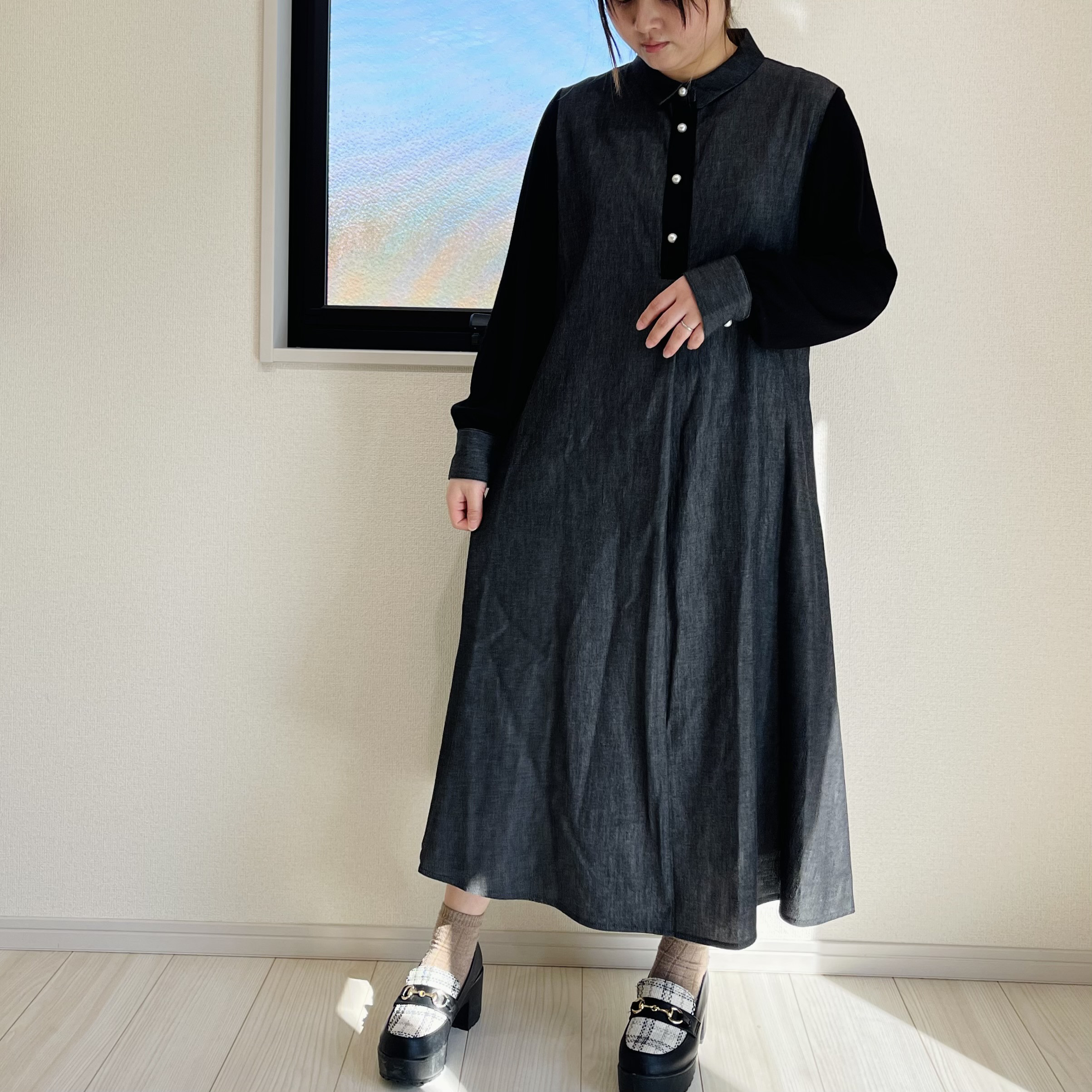 【送料無料】デニム&ニット 異素材ワンピース ブラック