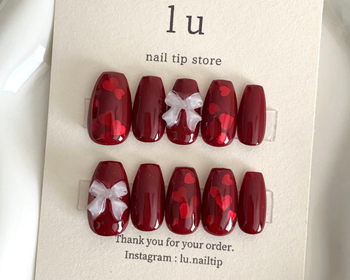 ［14］ネイルチップ リボン 韓国 らくがき ホログラム ハート オーダー 14］ネイルチップ リボン 韓国 らくがき ホログラム ハート