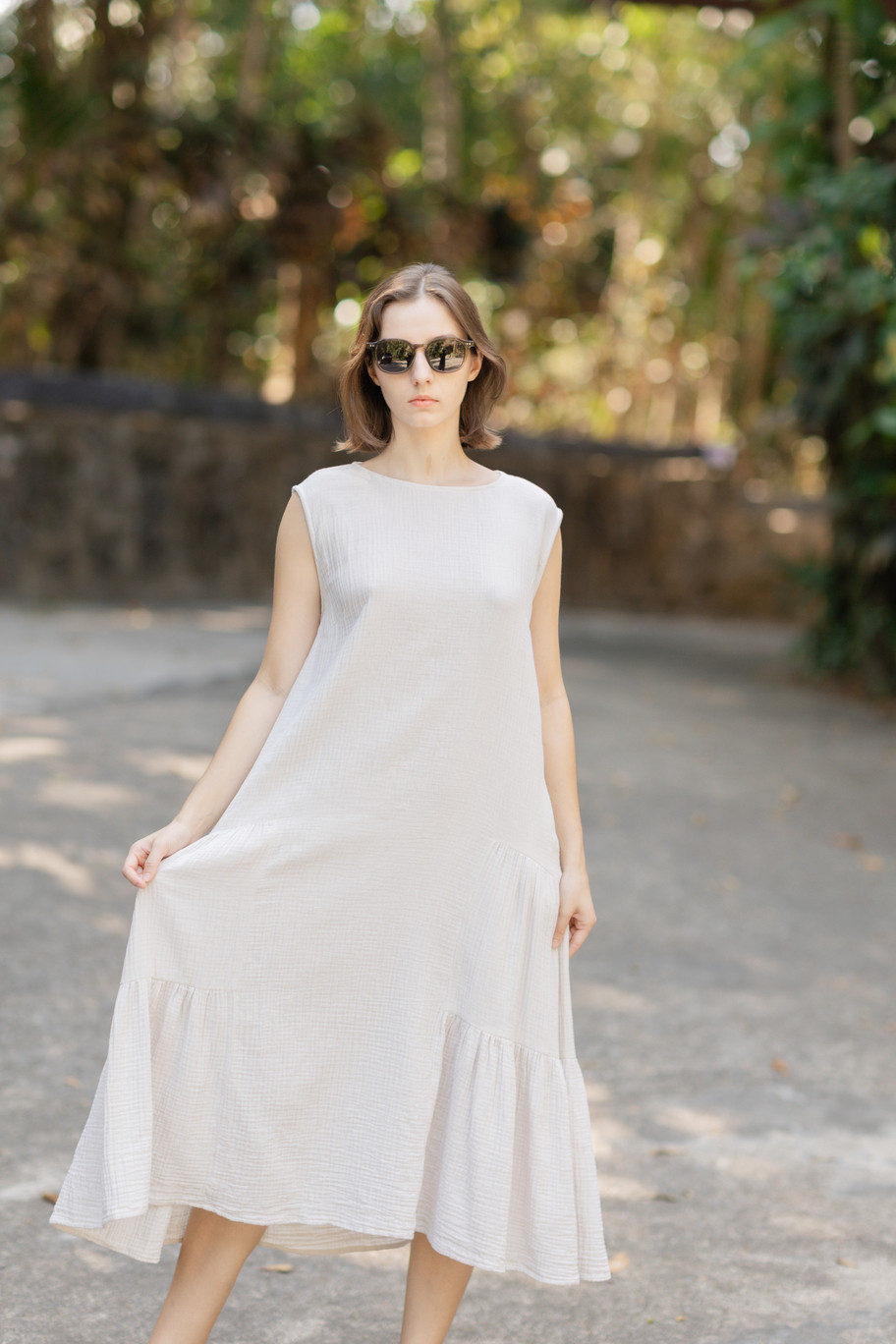 サイドティアードギャザードレス（ダブルガーゼ/ホワイトベージュ）