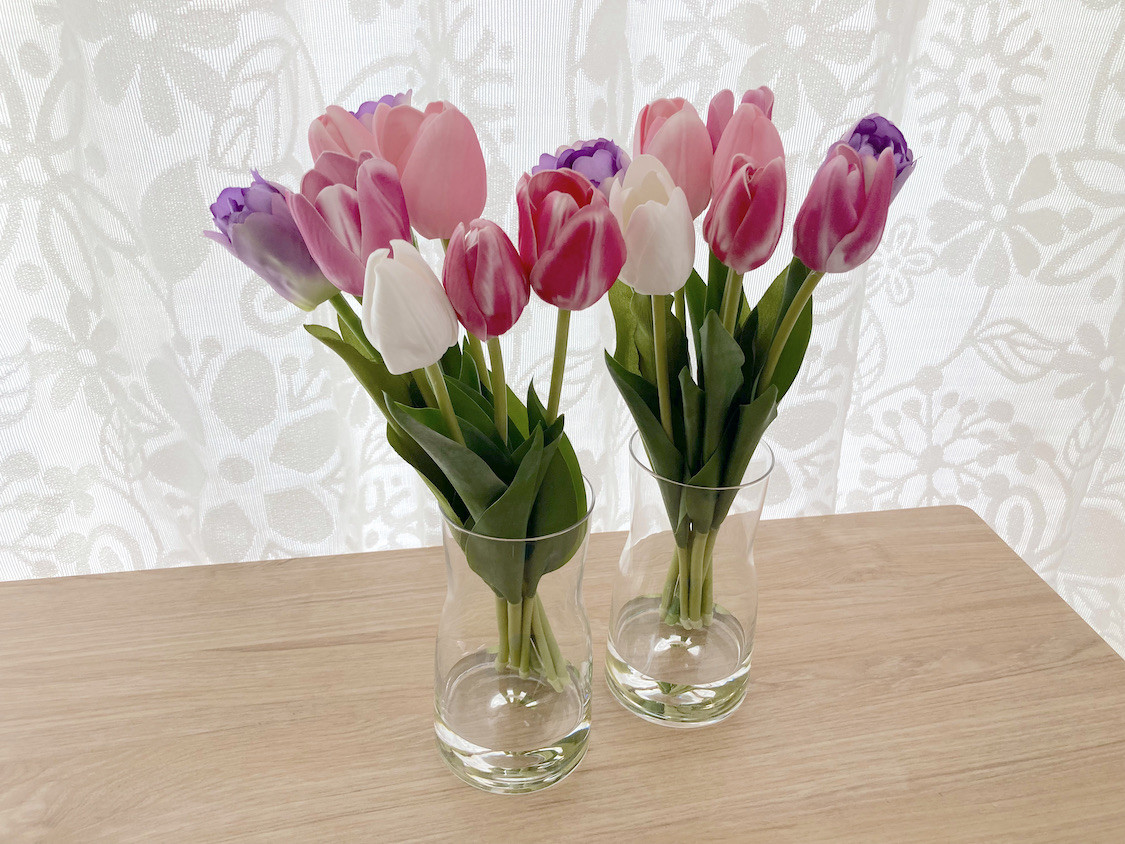 マジカルウォーター 水換え不要 チューリップ アレンジ パープル ピンク 北欧風 フラワーベース 花瓶 クリア