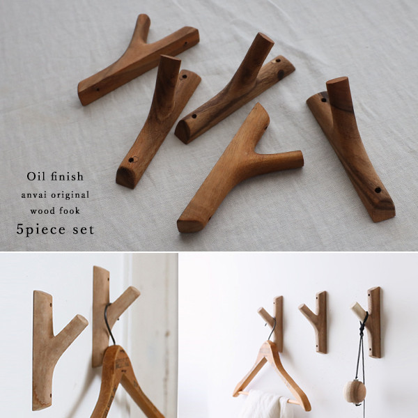 ＊ラスト１　送料無料５個セット　木製ウッドフック　オイル仕上げネジ付　木の枝フック　壁掛けフック　コートハンガーW08C