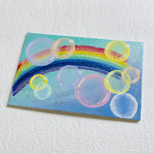 ハガキサイズ】虹 シャボン玉 キャンバスアート カラフル