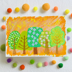 ハガキサイズ】個性的な木々 キャンバスアート カラフル アクリル