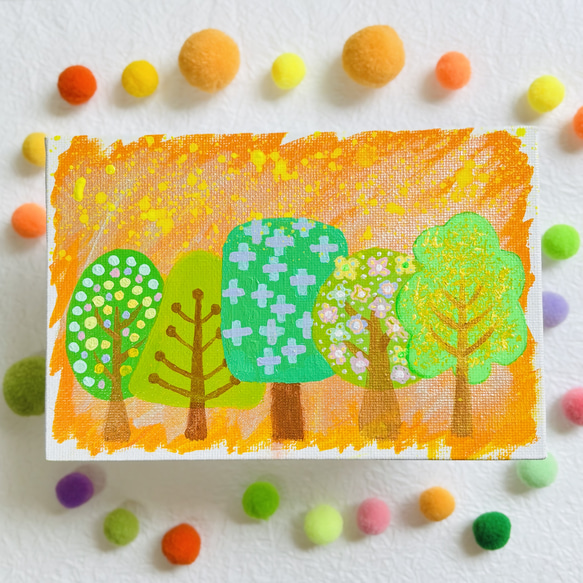 ハガキサイズ】個性的な木々 キャンバスアート カラフル アクリル