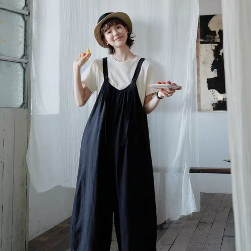 サロペットパンツ ワイドパンツ ハイウエスト リネン キュロット