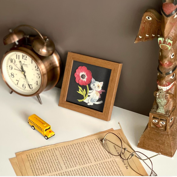 ［複製画］和紙ちぎり絵アートプリント（無料ラッピング付き)『春の花とネコ』赤いアネモネと三毛猫の小さなウォールデコ 6枚目の画像