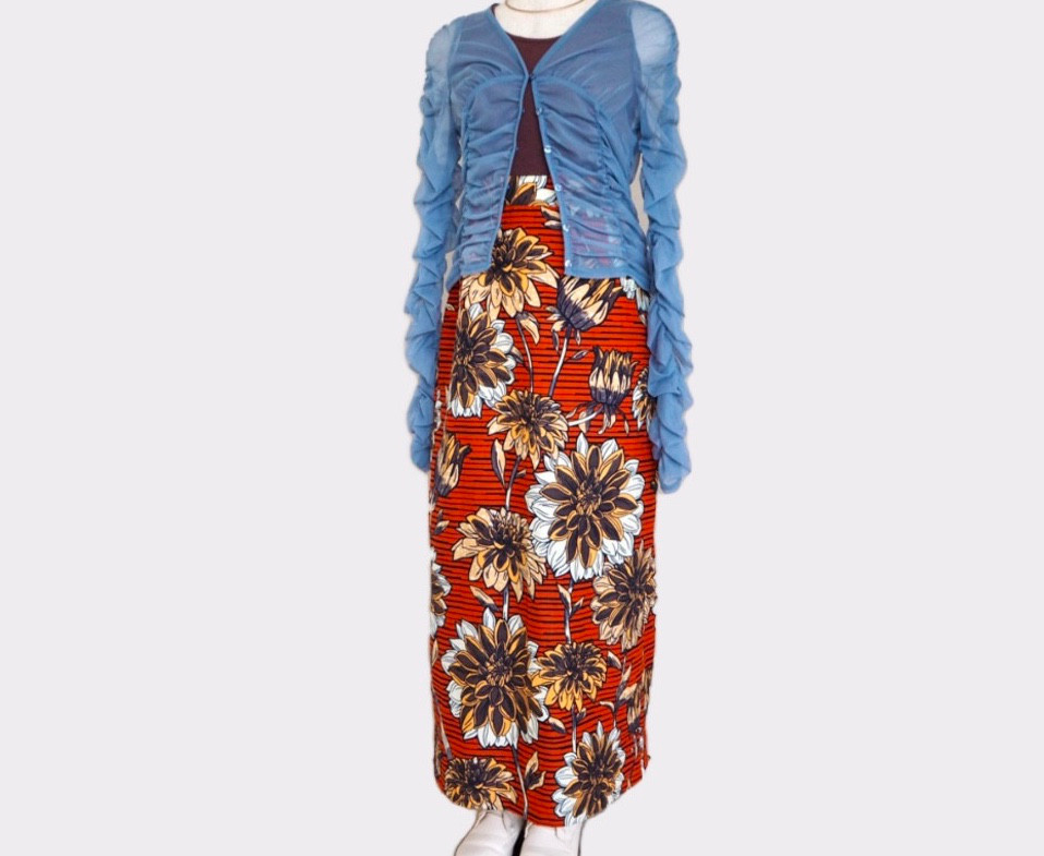 【一点物】アフリカ布 ロングスカート｜セミタイト 後ゴム・後スリット 大人カラフル エスニック