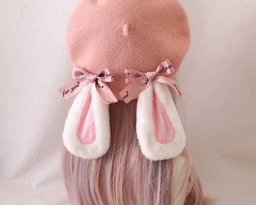 【新品】Emelald Blue　ピンク　兎毛帽子 リボン付 うさぎ耳ピンクベレー帽 ベレー帽・ハンチング みなと工房 通販