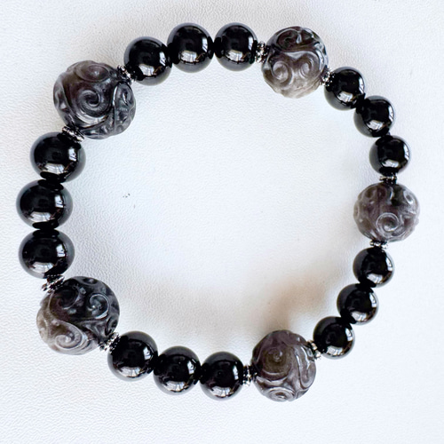 オニキス8mm＆シルバーオブシディアン13mm 天然石ブレスレット お守り