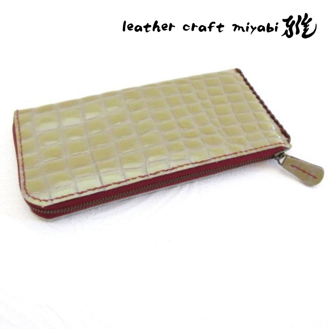 通帳もスリムに入る♪《エナメルレザー》型押しクロコ・Ｌ字ファスナーロングウォレット・020【Creema限定・母の日】