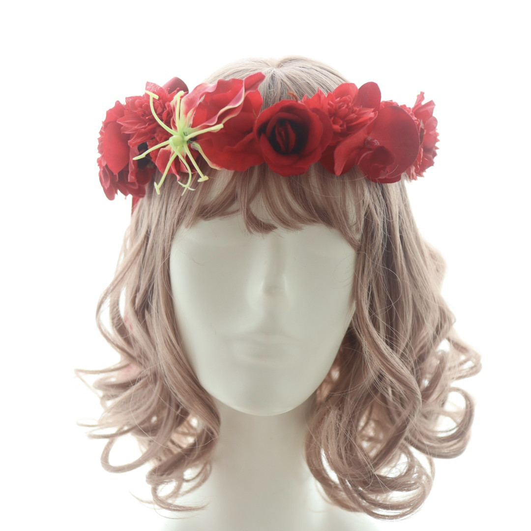 赤い還暦祝いの花冠＊胡蝶蘭とダリアの個性派花かんむり　結婚式やパーティーにも