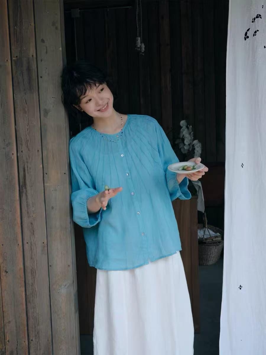 タック入りブラウス　7分袖　麻のブラウス　ラミー素材