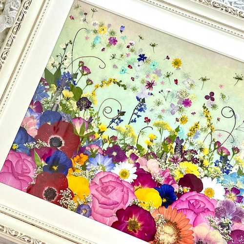 押し花アート　フラワーアート　インテリア お花うさぎ 押し花インテリアアート額02 グリーンタイプ（受注