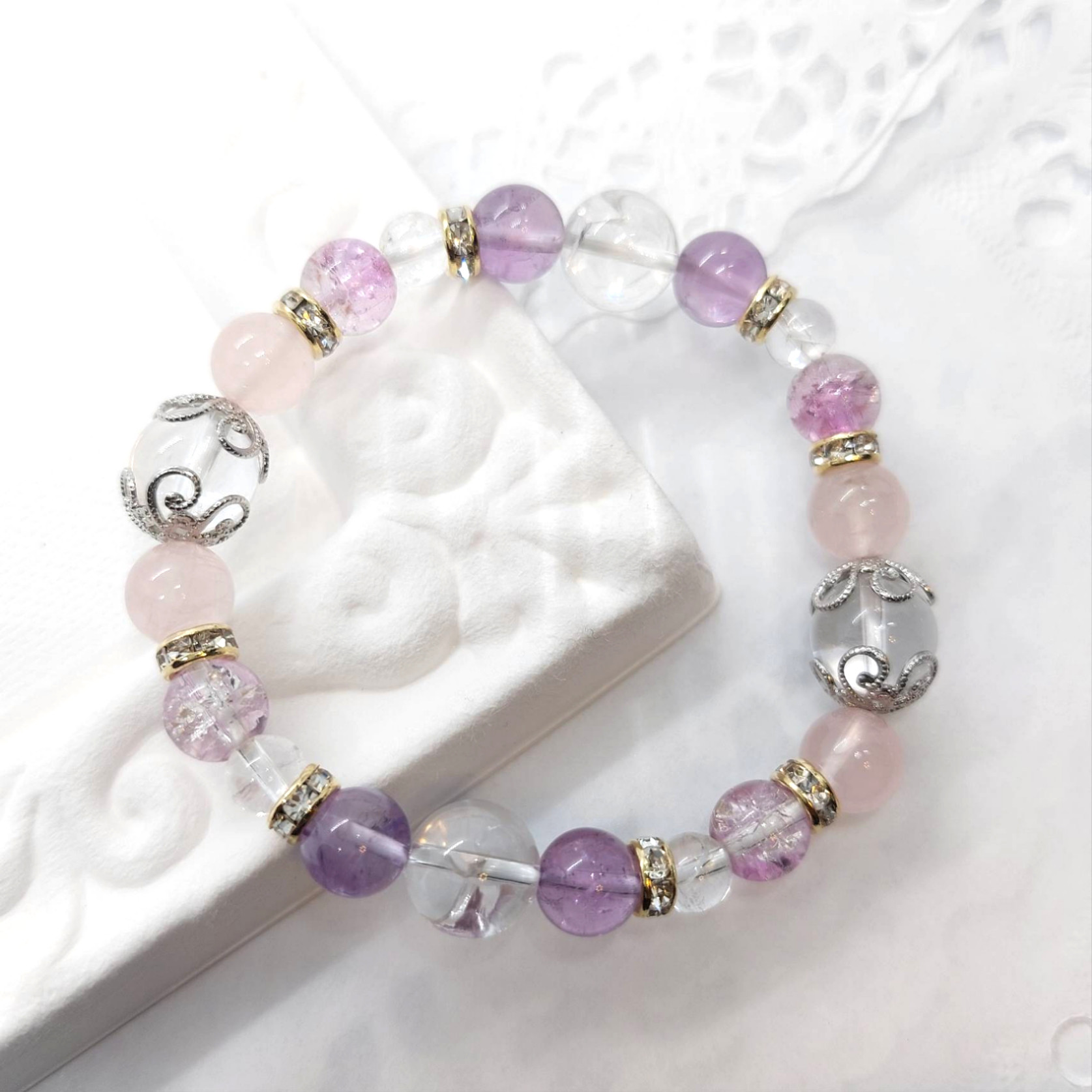 アメジスト☆ディープローズクォーツ☆レインボークォーツ☆天然石☆ハンドメイドブレスレット