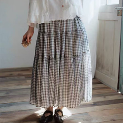 ギンガムチェックコットンリネンスカート グリーン ロングスカート