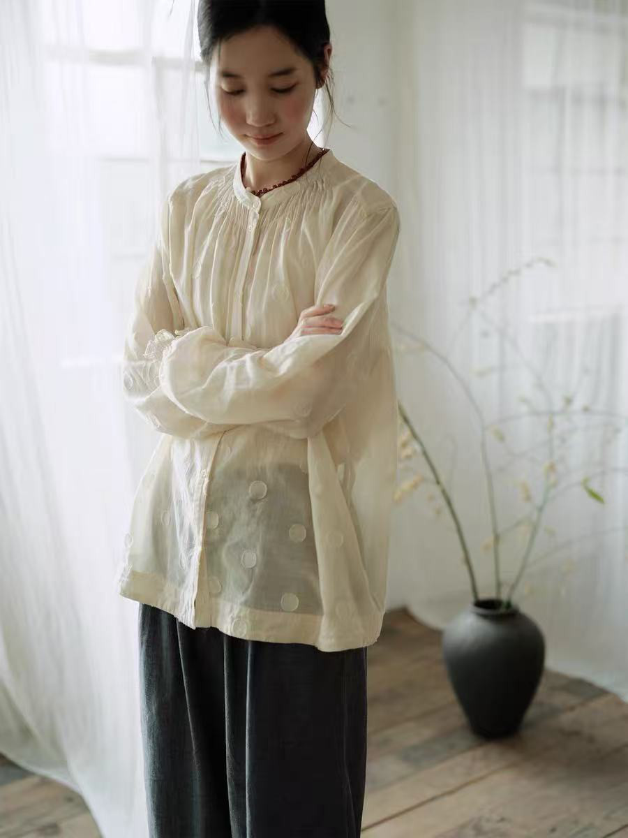 ドットジャガード長袖ブラウス　コットンリネン  ギャザー入りブラウス