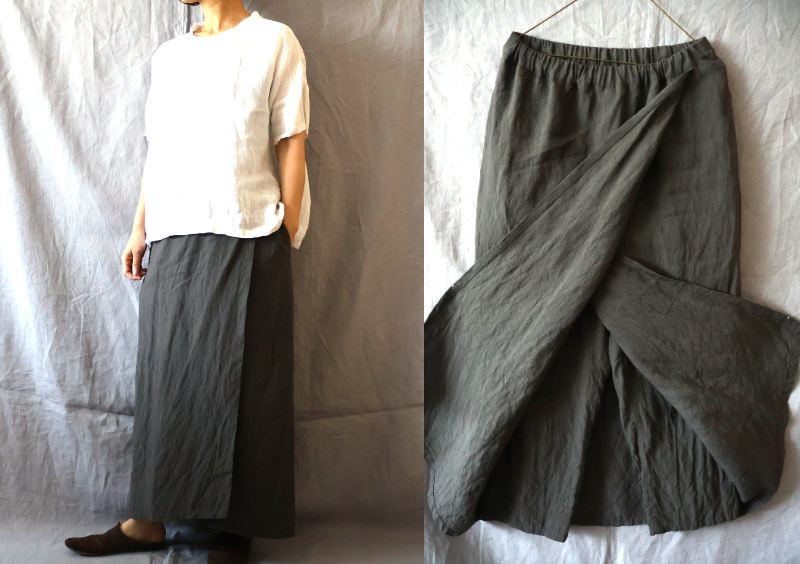 【受注制作】濃チャコールグレー/天日干しリネン　巻きスカートパンツ
