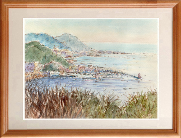 送料無料 店舗 水彩画原画 syoumei 絵画 ＃661 披露山から葉山マリーナ方面遠望 絵画+タペストリー