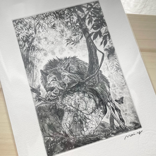 版画 MIYU 銅版画：山のオオカミ 版画 Mai.Yamashita 通販 19265976｜Creema