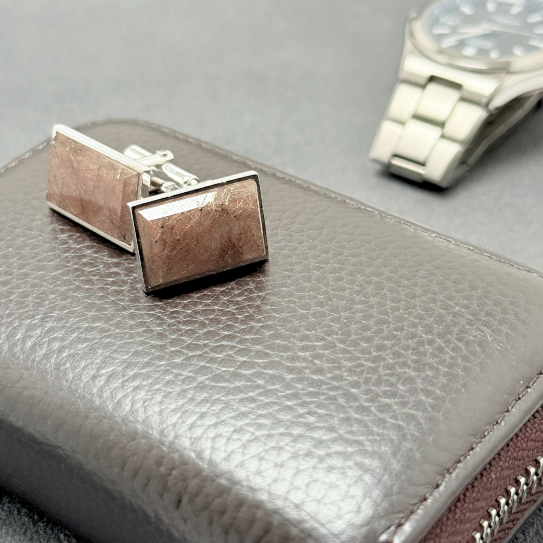 ラス1 穏やかな煌 ルチルクォーツ/金針水晶  RHP 天然石カフスボタン - Terrene グレージュ