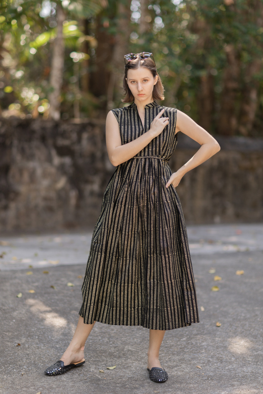 ギャザーワンピース(ボイルコットン/ブロックプリント)