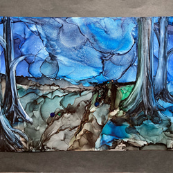 No.57 アルコールインクアート 原画 A3サイズ 絵 絵画 木 土 空 星 道