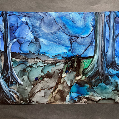 No.57 アルコールインクアート 原画 A3サイズ 絵 絵画 木 土 空 星 道